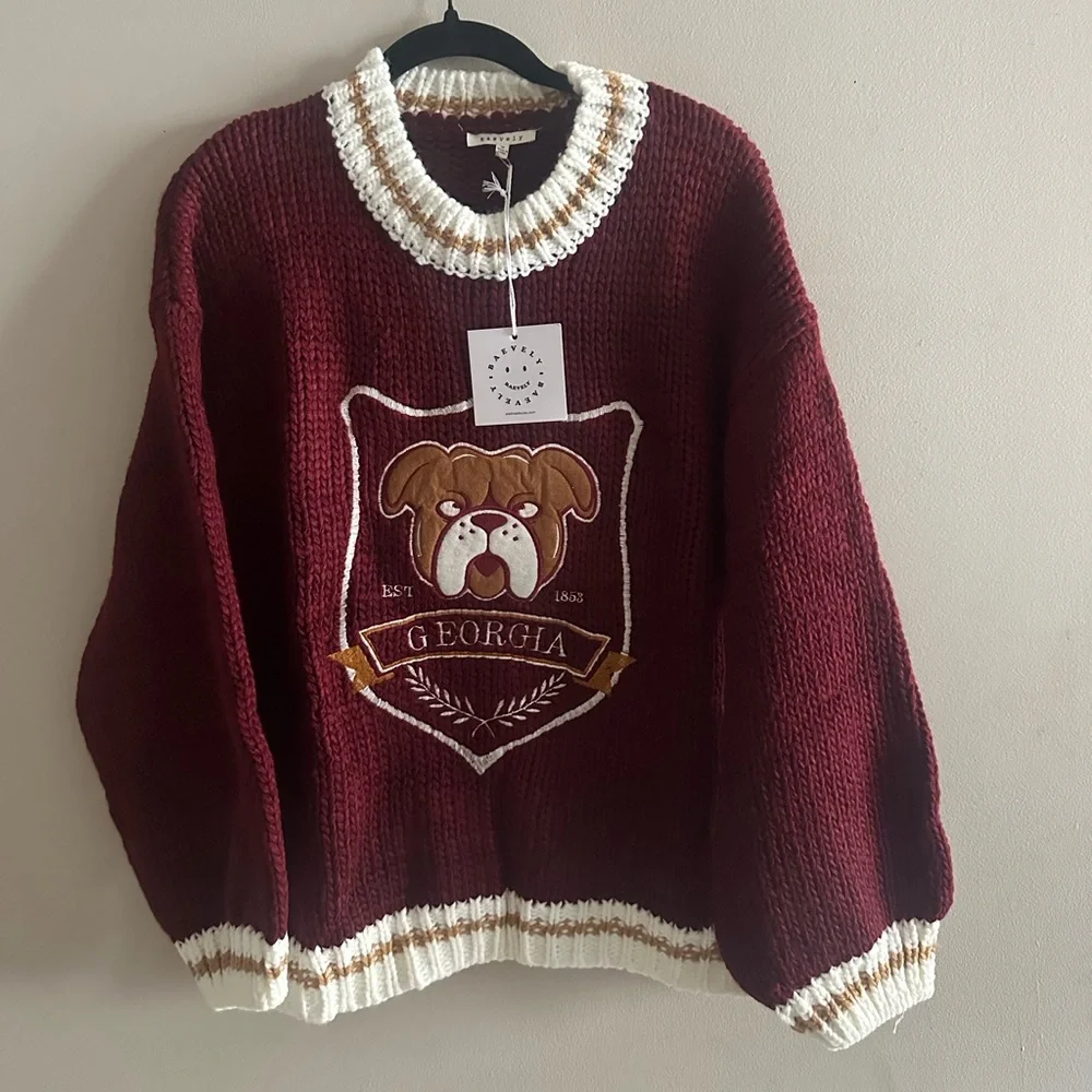 NWT Baevely Georgia Embroidered Maroon Crewneck Sweater Size M